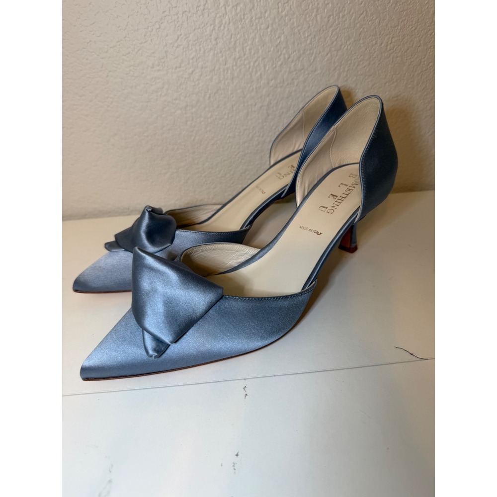 Something Bleu Cappy Satin D'Orsay Bow Pumps Blue Italian Leather Sole Size 10 B - Picture 7 of 8